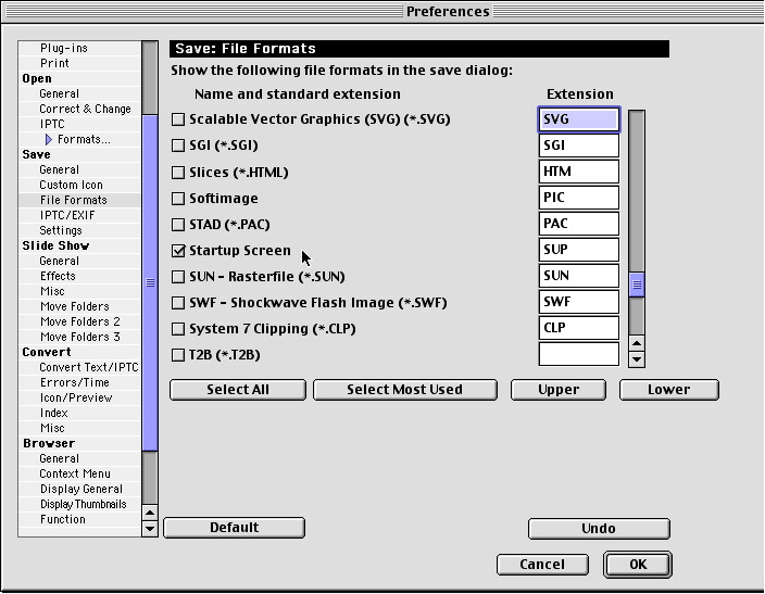 File Formats tab in the GraphicConverter Preferences